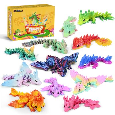 Cybermaker 12PCS 3D Printed Dragon Set, Valentines Day Gifts for Kids Boys, 4.4"-6" Articulated Flexible Dragons, Home Office Desk Decor, Autism Stress Relief Fidget Toys for Kids & Adults