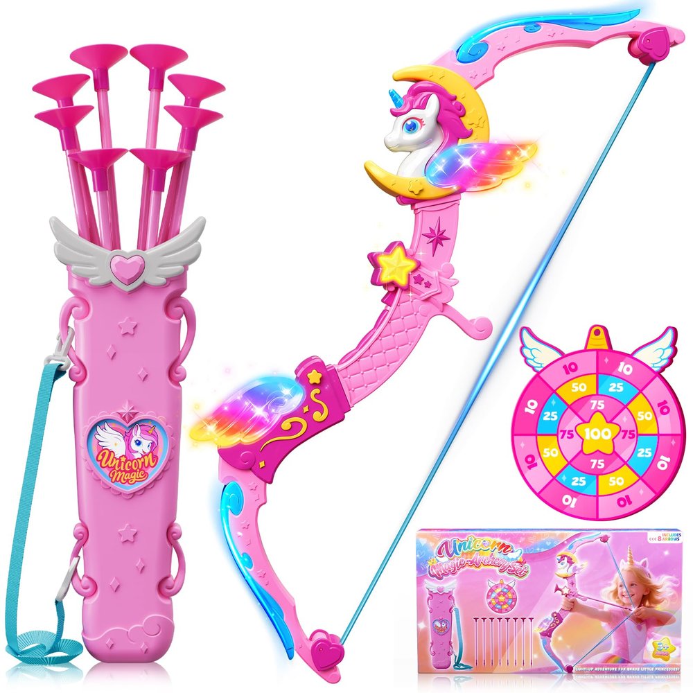 Unicorn Toys for Girls Ages 3-12, 6 Magic Lights BowArrow(Unicorn Horn, Wings, Star, Upper & Lower Arms), Dreamy Quiver & Princess Target, 8 Pink Suction Arrow, Gift for 3 4 5 6 7 8 9 10 Year Old Girl
