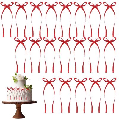 20 PCS Red Bows for Cake, Red Cake Bows for Decorating, Vintage Ribbons Bow for Cupcake Toppers High Footed Cup Balloon Wall Party Decorations Bridal Cake Dessert Birthday Wedding Party Supplies