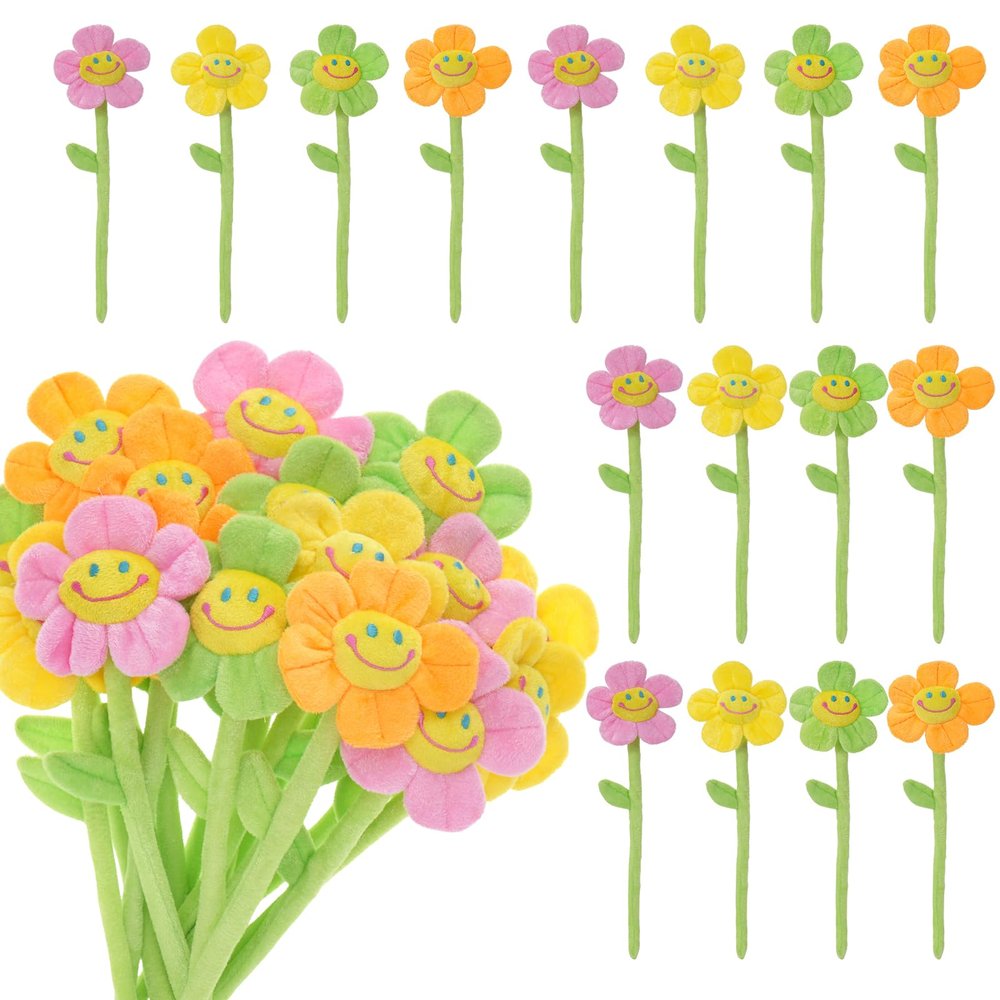 16 Pack Pastel Plush Flowers with Bendable Stems, Stuffed Sunflower Bouquet Toy with Smiley Face, 12 Inch Soft Artificial Flower for Curtain Tiebacks, Nursery Room Decor