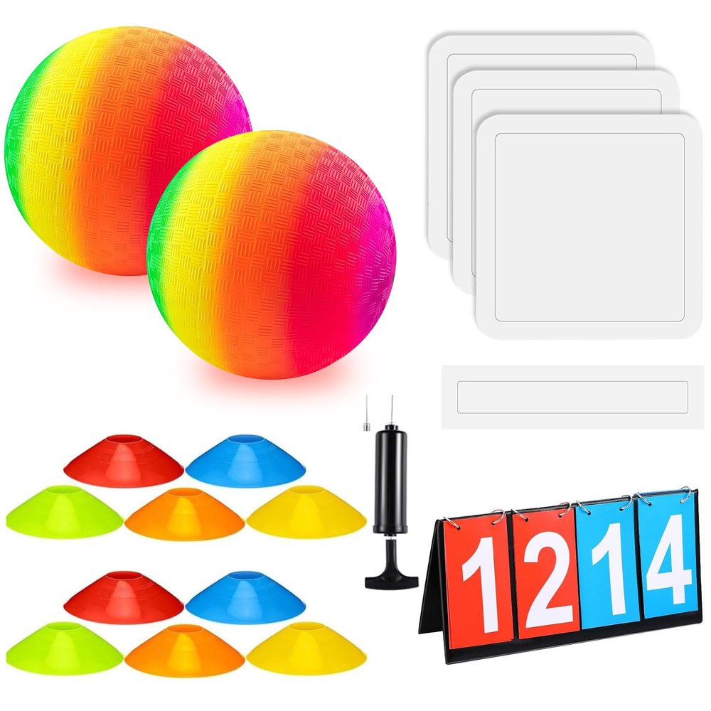 18 Pcs Sports Kickball Set Includes 2 Playground Ball with Air Pump 4 Rubber Throw Down Bases 10 Foul Line Cones and a Flip Scoreboard for Boys Girls Adults Playground School Backyard (Rainbow)