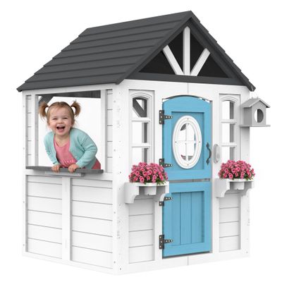 YOFE Wooden Kids Playhouse with Kitchen Sink, Mailbox & Working Doorbell, Outdoor Toddler Play House with Dutch Door, Dog Door & Accessories for Backyard, Pretend Market & Holiday Fun