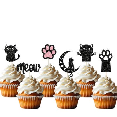 12 Pcs Black Cat Party Cupcake Topper Glitter Cat Cupcake Toppers Cat and Meow Cupcake Decoration for Cat Lover Baby Shower Kids Birthday Wedding Party Cake Decor Supplies