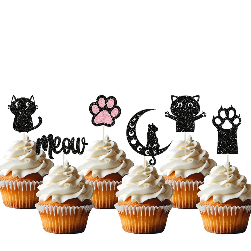 12 Pcs Black Cat Party Cupcake Topper Glitter Cat Cupcake Toppers Cat and Meow Cupcake Decoration for Cat Lover Baby Shower Kids Birthday Wedding Party Cake Decor Supplies