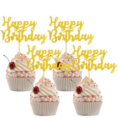 12 Pcs Gold Glitter Happy Birthday Cupcake Toppers Birthday Party Cupcake Decoration for Parties Baby Showers & Celebrations Cupcake Decor Supplies
