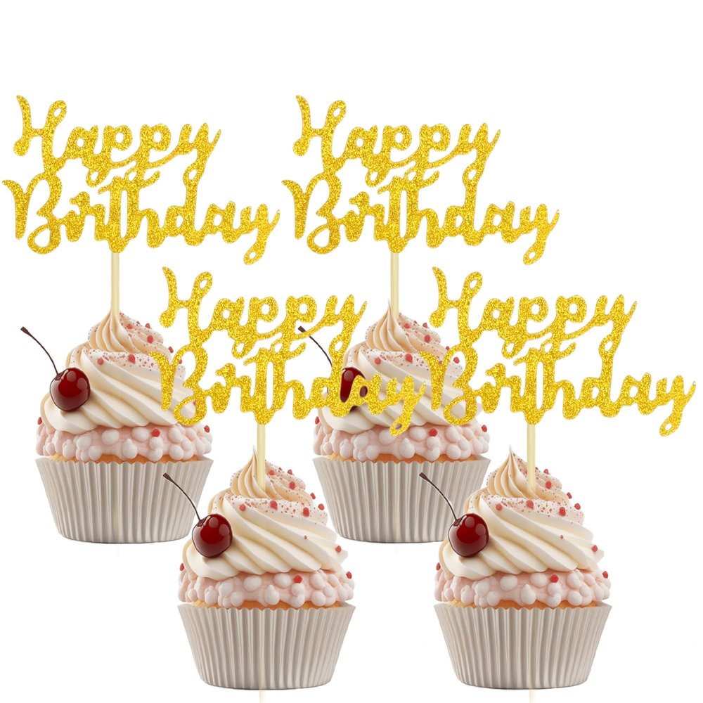 12 Pcs Gold Glitter Happy Birthday Cupcake Toppers Birthday Party Cupcake Decoration for Parties Baby Showers & Celebrations Cupcake Decor Supplies