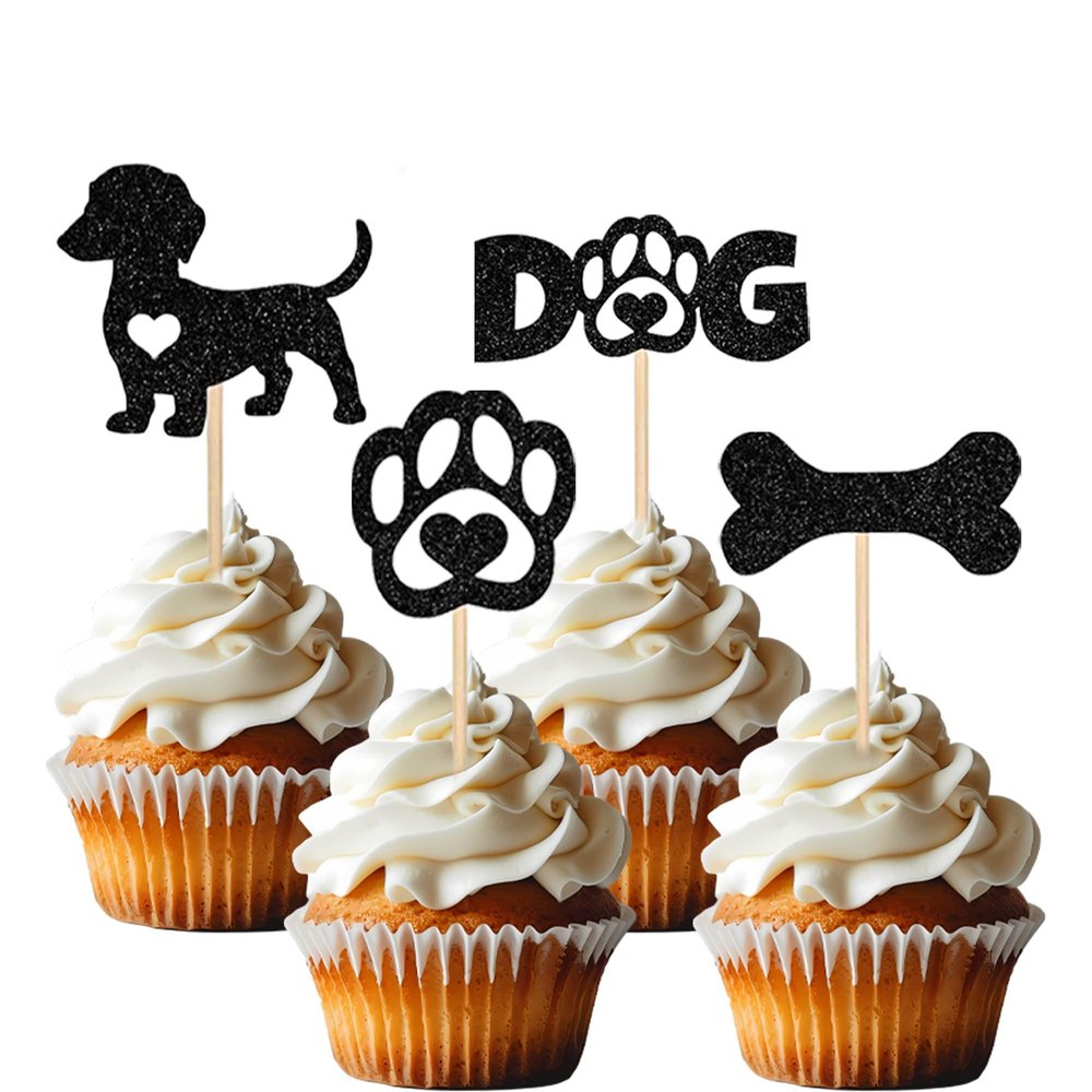 12 PCS Dachshund Cupcake Toppers Black Glitter Dog Topper Bone Puppy Dog Paw Cupcake Decoration suitable for Baby Shower & Birthday Parties Pet Adoption Theme Decor Supplies
