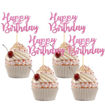 12 Pcs Pink Happy Birthday Cupcake Toppers Glitter Birthday Party Cupcake Topper for Parties Baby Showers & Celebrations Cupcake Decoration Supplies