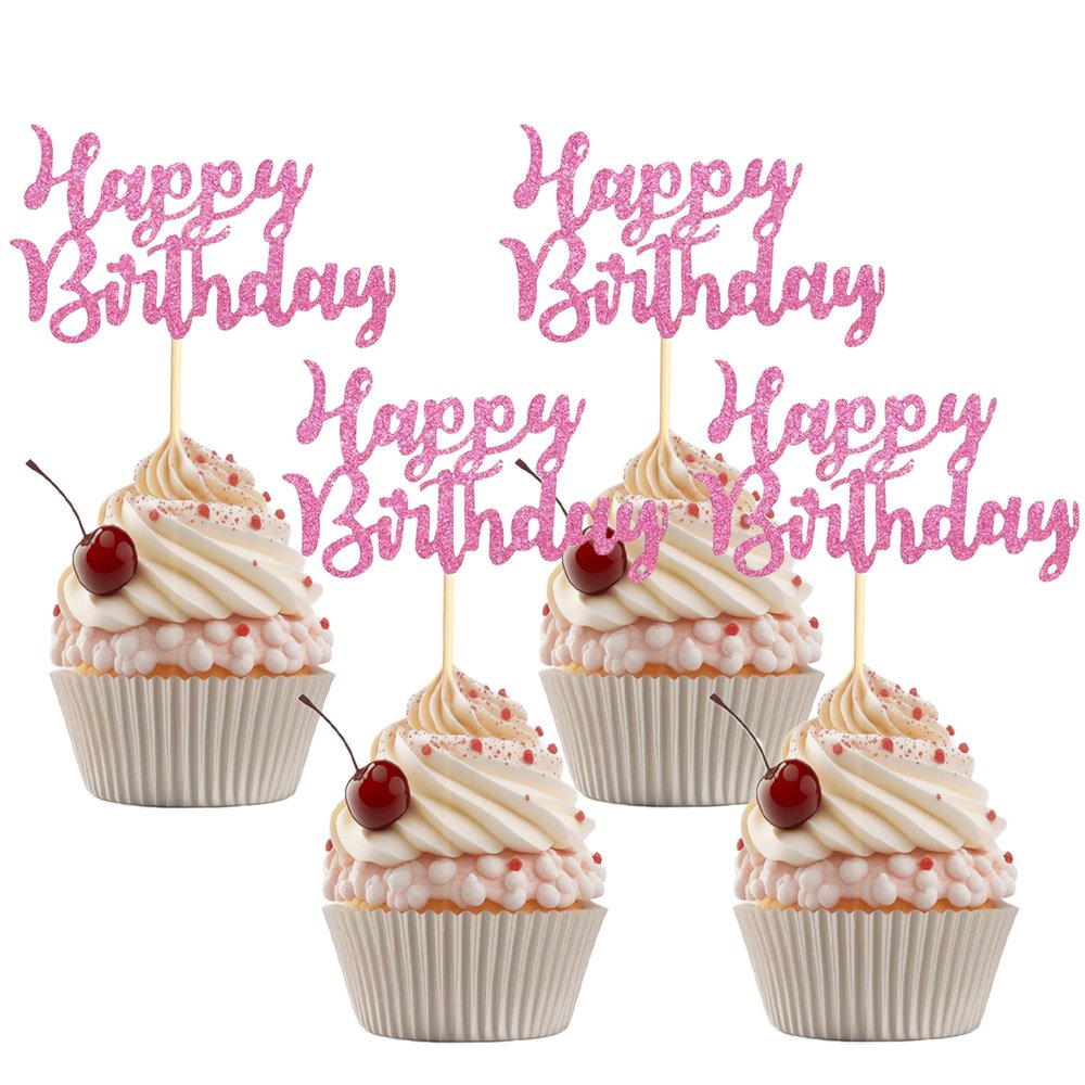 12 Pcs Pink Happy Birthday Cupcake Toppers Glitter Birthday Party Cupcake Topper for Parties Baby Showers & Celebrations Cupcake Decoration Supplies