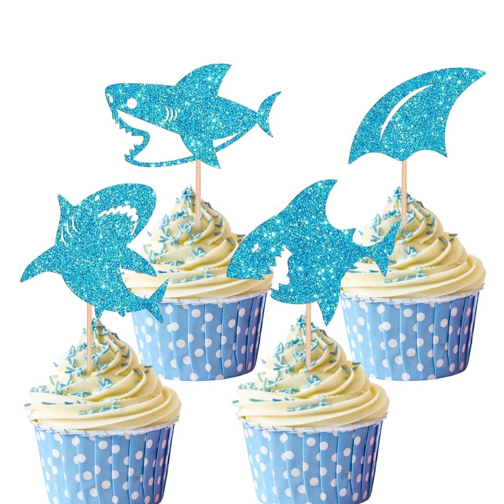 12Pcs Shark Cupcake Toppers Shark Fin Cupcake Topper Blue Glitter Shark Decoration Ocean Themed Party Shark Cake Decor for Ocean Animals Shark Theme Kids Birthday Parties
