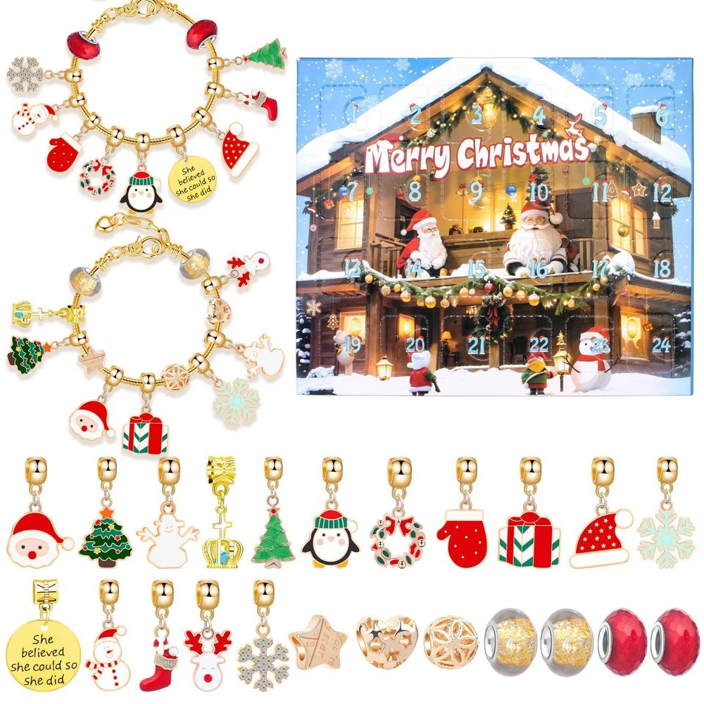 Christmas Advent Calendar Blind Box Bracelet DIY Charm Bracelet Kit with Christmas Countdown Calendar Surprise Gift for Kids' Coming-of-Age Day & Christmas Parties (C)