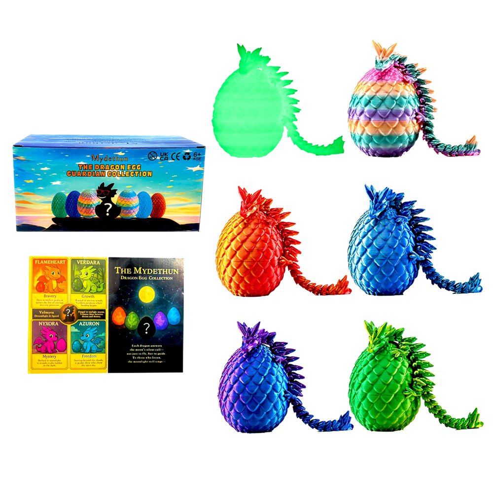 Mydethun 6 Pack 3D Printed Dragon Eggs with a Secret Glow Dragon Inside - Christmas Stocking Stuffers, Gifts for Grandkids & Teens, Articulated Dragon Toys with 27 Joints