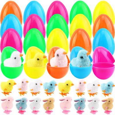 Cagemoga 40 Pack Easter Eggs Prefilled Wind Up Chick and Hopping Plush Bunny Toy for Egg Hunt Game Basket Stuffers Easter Party Supplies
