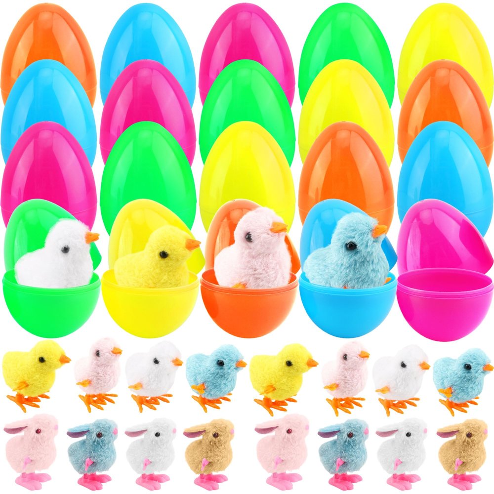 Cagemoga 40 Pack Easter Eggs Prefilled Wind Up Chick and Hopping Plush Bunny Toy for Egg Hunt Game Basket Stuffers Easter Party Supplies