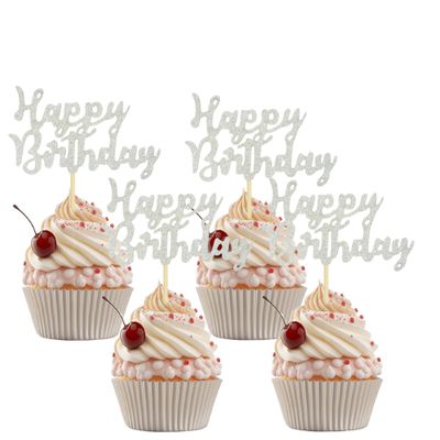 12 Pcs Silver Glitter Happy Birthday Cupcake Toppers Birthday Party Cupcake Decoration for 18th 30th 40th 50th 60th Cake Decor Men Women Birthday Party Supplies