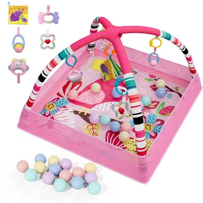 Baby Play Gym, Pink Activity Mat with Hanging Toys, Sensory Development Playmat with Mobile Arch, Musical Toys for Infants
