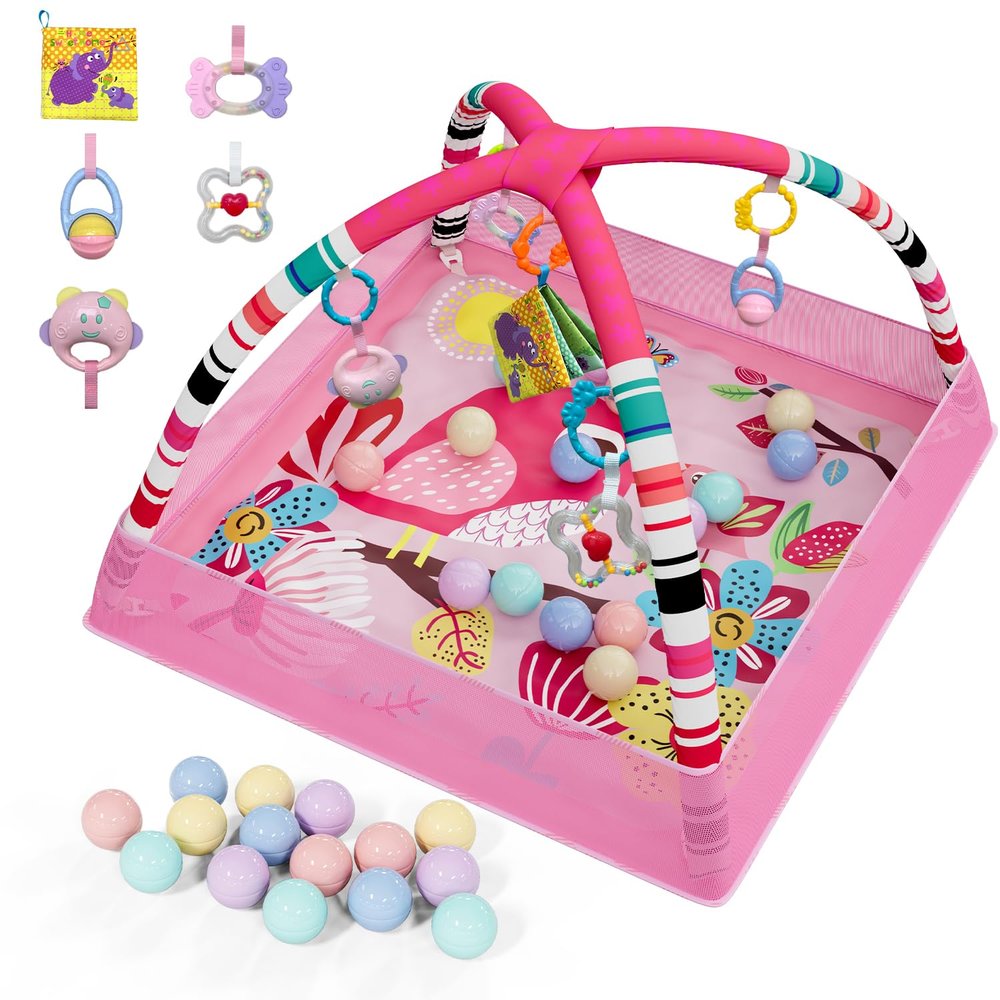 Baby Play Gym, Pink Activity Mat with Hanging Toys, Sensory Development Playmat with Mobile Arch, Musical Toys for Infants