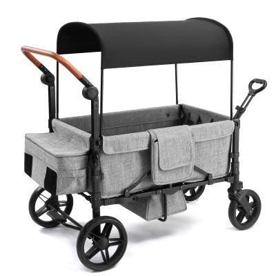 Zxcivhua Stroller Wagon for 4 Kids, Foldable All Terrain Wagon for Kids, with Removable Canopy, Adjustable Push and Pull Handle, 5 Point Harnesses, Large Storage Bag (Gray)