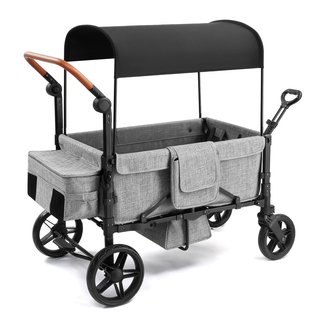 Zxcivhua Stroller Wagon for 4 Kids, Foldable All Terrain Wagon for Kids, with Removable Canopy, Adjustable Push and Pull Handle, 5 Point Harnesses, Large Storage Bag (Gray)