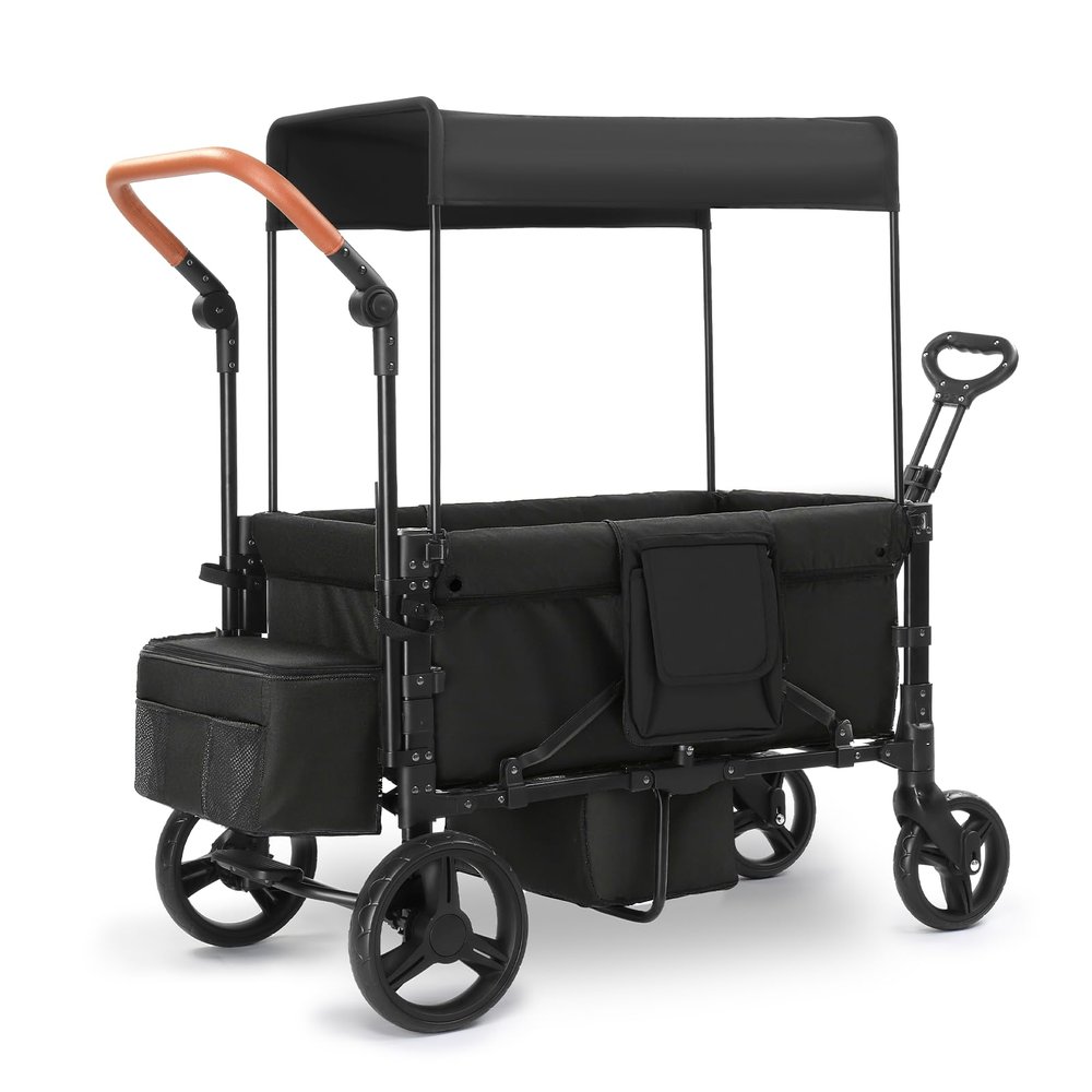 Zxcivhua Stroller Wagon for 2 Kids, Foldable All Terrain Wagon for Kids, with Removable Canopy, Adjustable Push and Pull Handle, 5 Point Harnesses, Large Storage Bag (Black)
