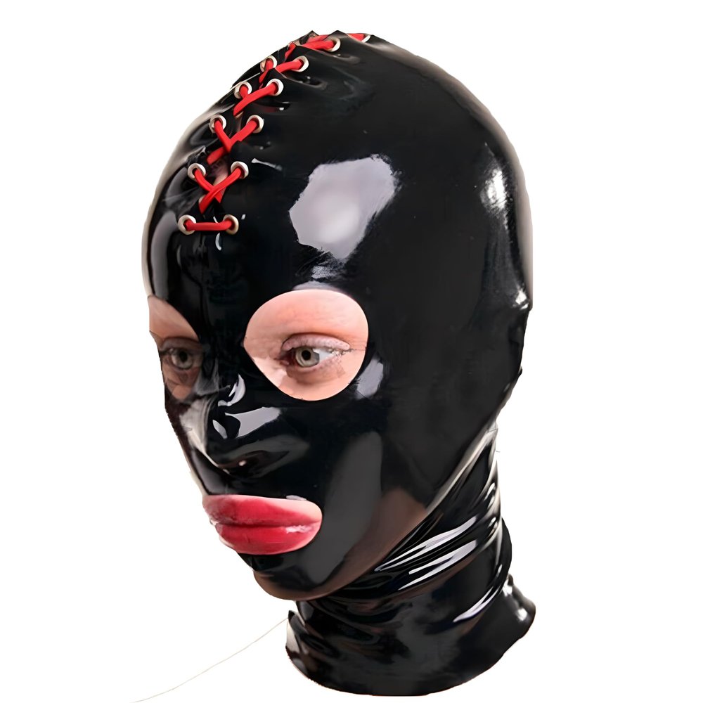Black Latex Mask Black Tight Unisex Hood Serial Port Strap Cosplay (XXL)