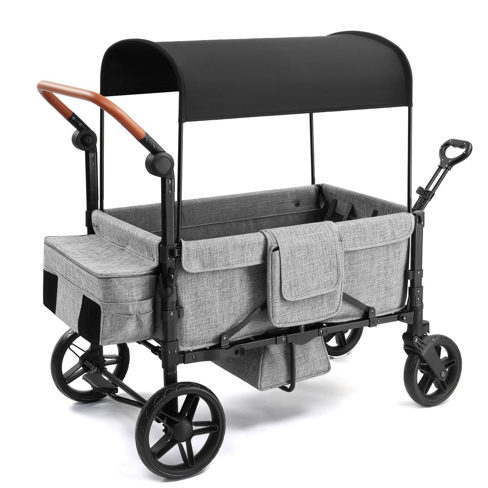SAFETY CAREYA Stroller Wagon for 4 Kids, Foldable Wagon with Footwell, Lightweight, Adjustable Push and Pull Handles, 5-Point Harness, Adjustable Canopy for Outdoor Adventures (Gray)