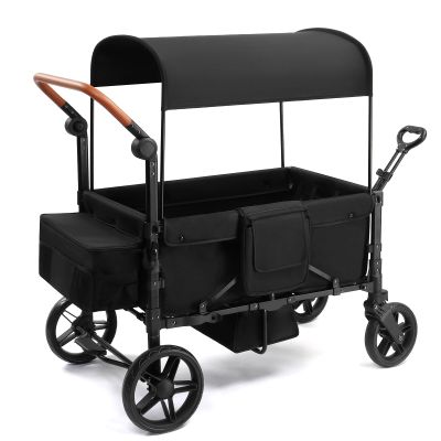 Zxcivhua Stroller Wagon for 4 Kids, Foldable All Terrain Wagon for Kids, with Removable Canopy, Adjustable Push and Pull Handle, 5 Point Harnesses, Large Storage Bag (Black)