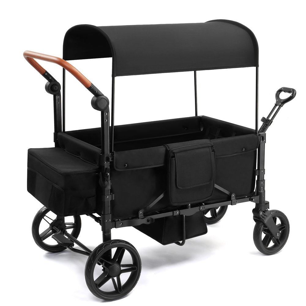 Zxcivhua Stroller Wagon for 4 Kids, Foldable All Terrain Wagon for Kids, with Removable Canopy, Adjustable Push and Pull Handle, 5 Point Harnesses, Large Storage Bag (Black)