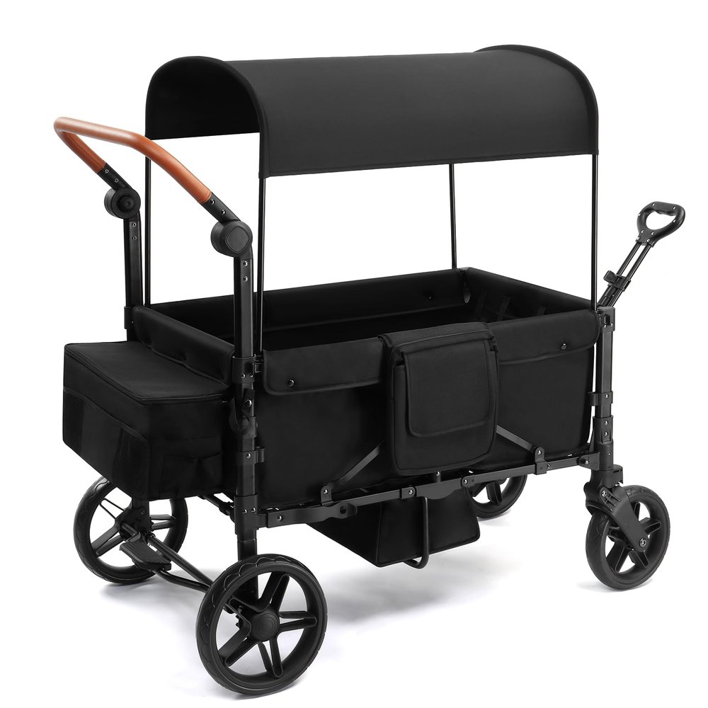SAFETY CAREYA Stroller Wagon for 4 Kids, Foldable Wagon with Footwell, Lightweight, Adjustable Push and Pull Handles, 5-Point Harness, Adjustable Canopy for Outdoor Adventures (Black)
