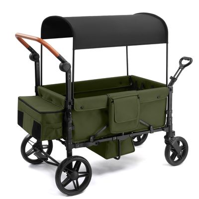 SAFETY CAREYA Stroller Wagon for 4 Kids, Foldable Wagon with Footwell, Lightweight, Adjustable Push and Pull Handles, 5-Point Harness, Adjustable Canopy for Outdoor Adventures (Green)