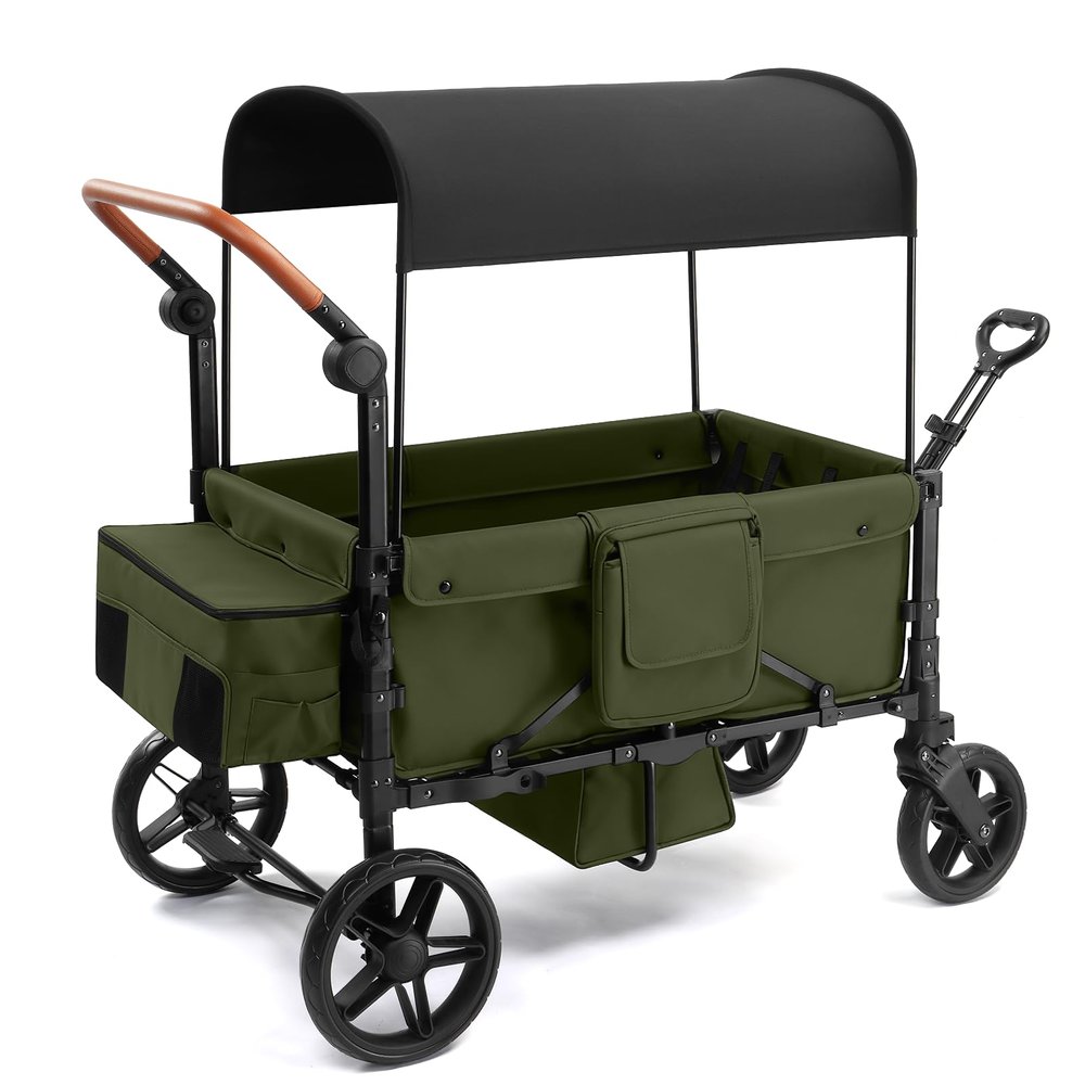 SAFETY CAREYA Stroller Wagon for 4 Kids, Foldable Wagon with Footwell, Lightweight, Adjustable Push and Pull Handles, 5-Point Harness, Adjustable Canopy for Outdoor Adventures (Green)