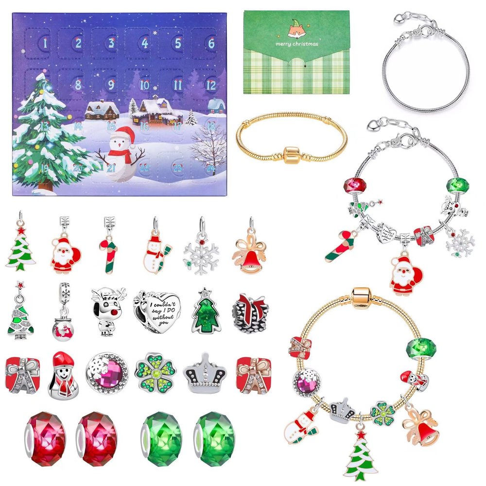 Christmas Advent Calendar Blind Box Bracelet DIY Charm Bracelet Kit with Christmas Countdown Calendar Surprise Gift for Kids' Coming-of-Age Day & Christmas Parties (D)