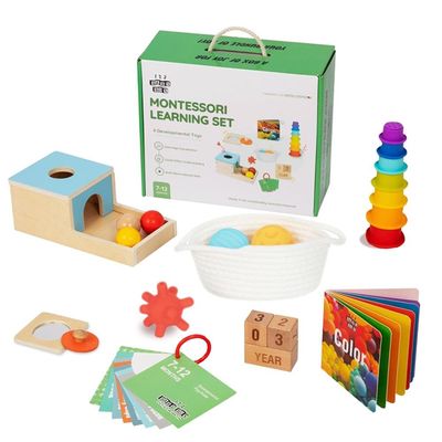 123 BABY BOX Montessori Toys for Babies 7-12 Months - 6-in-1 Baby Learning Set w/Object Permanence Box, Color Book, Milestone Blocks & More - Educational Toys for Fine Motor & Cognitive Development