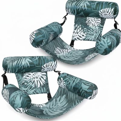 2 Pack Tropical Pool Lounger Chairs with 3 Buoyant Pillows Inflatable Water Float for Adults, Palm Leaf Design, 30x24x16 Inch (Green and Green)