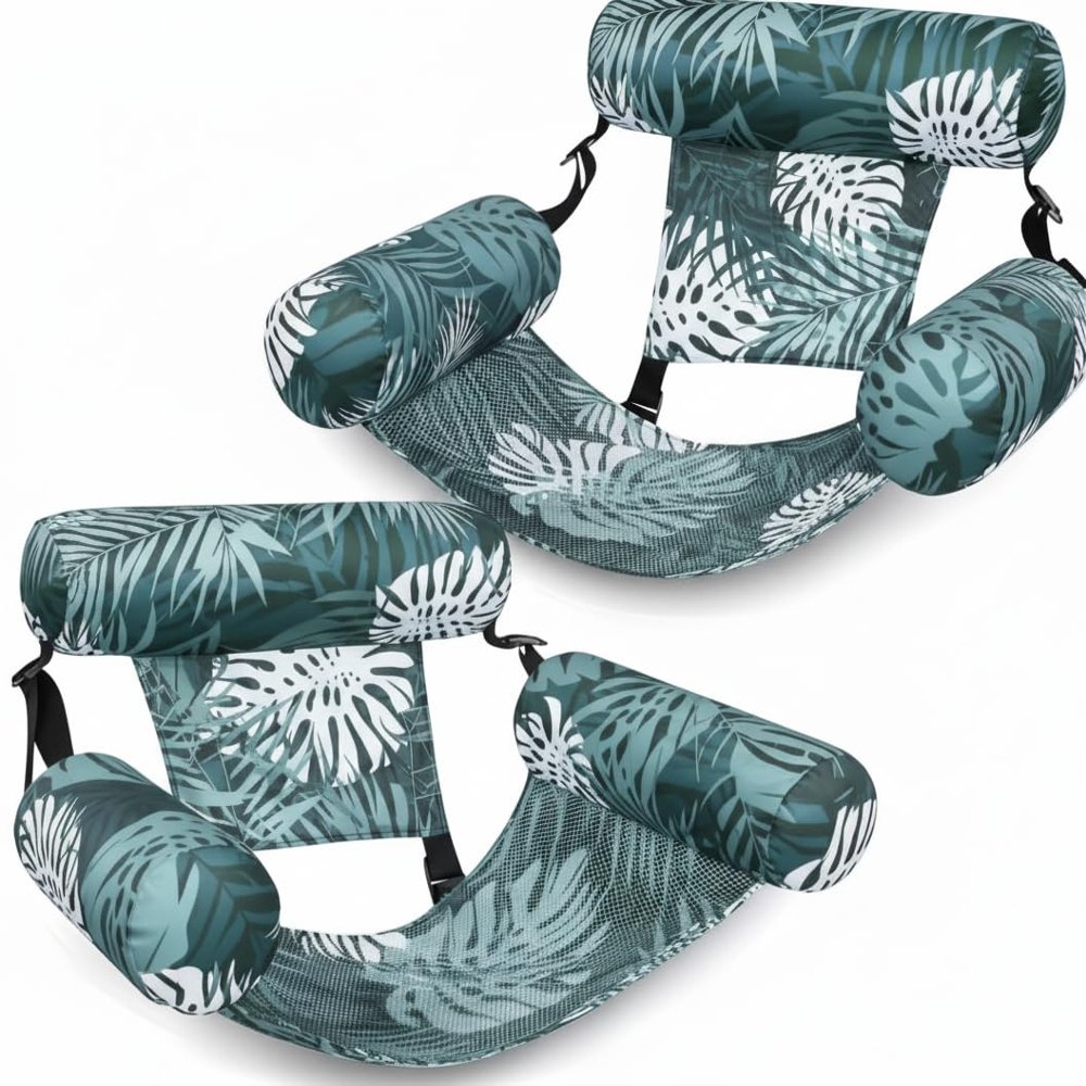 2 Pack Tropical Pool Lounger Chairs with 3 Buoyant Pillows Inflatable Water Float for Adults, Palm Leaf Design, 30x24x16 Inch (Green and Green)