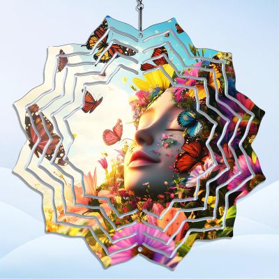 Butterflies Florals Girl Wind Spinner,Metal Wind Spinners Outdoor Hanging-3D Kinetic Sculpture Hypnotic Spinning Dream Beauty for Garden,Patio,Yard Decor,Gift for Home & Garden LoversLotus Shape,8"