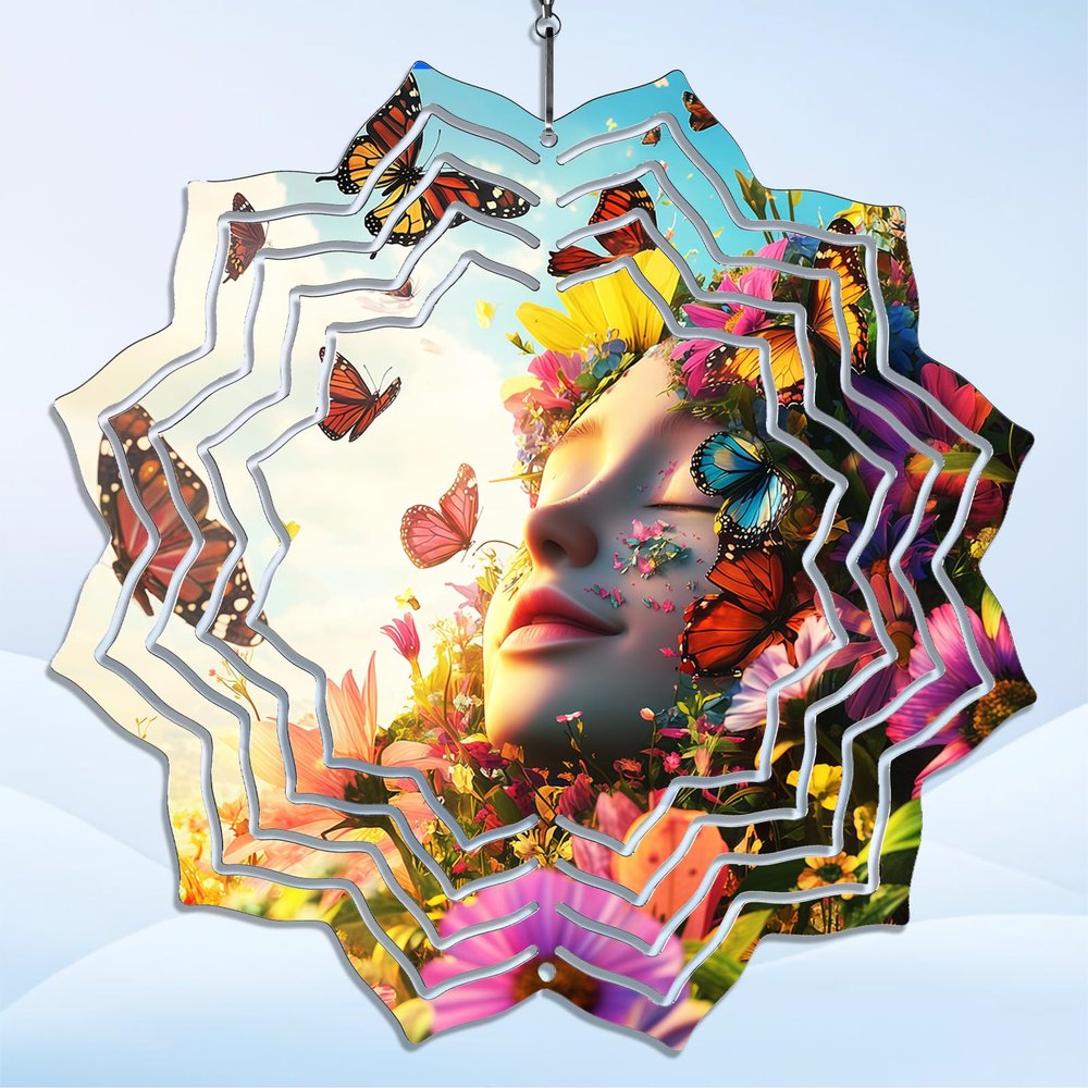 Butterflies Florals Girl Wind Spinner,Metal Wind Spinners Outdoor Hanging-3D Kinetic Sculpture Hypnotic Spinning Dream Beauty for Garden,Patio,Yard Decor,Gift for Home & Garden LoversLotus Shape,8"