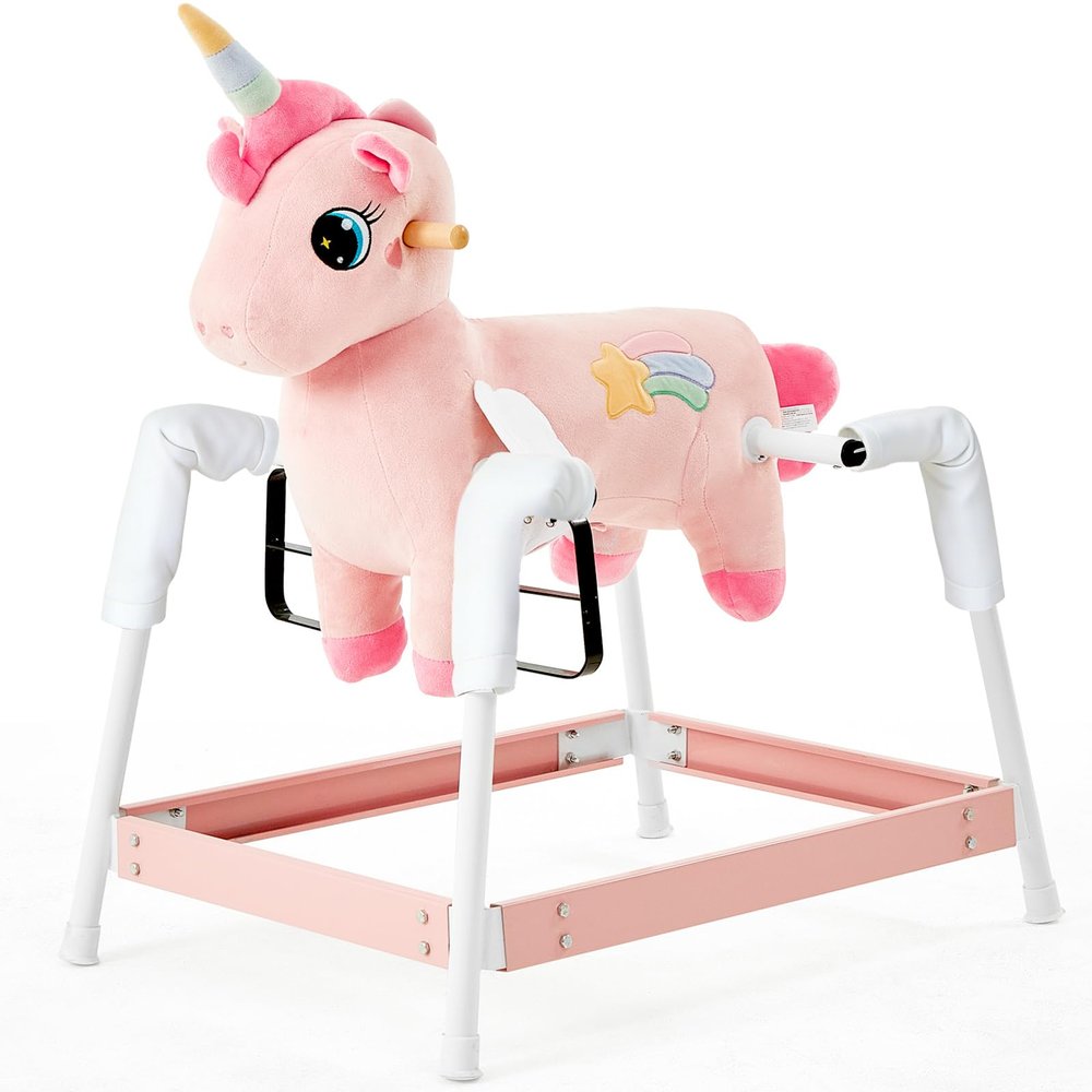 FUNLIO Unicorn Spring Rocking Horse for Kids 3-6, Rainbow Fairy Ride on Horse with Covered Spring & Sturdy Frame, Neighing & Galloping Sound for Pretend Play, Horse Toys Gift, CPC & CE Certified-Pink