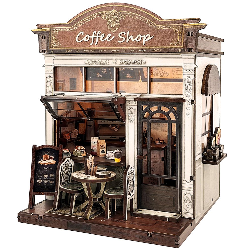 Joibabe 3D Wooden Coffee Shop Book Nook Kit - DIY Miniature Model with LED Lights, 143 Precision-Cut Pieces for Adults & Teens (1:24 Scale, Stress Relief Craft Gift)