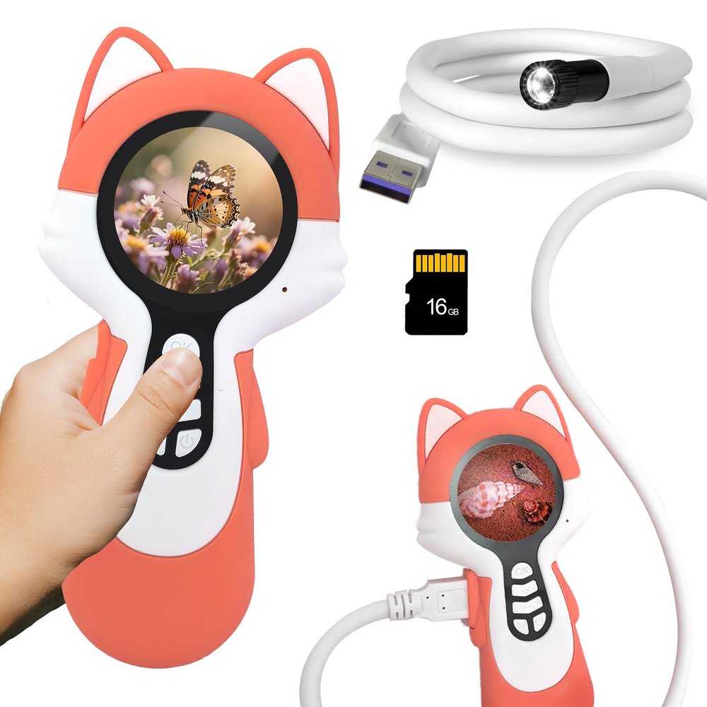 2 in 1 Digital Microscope for Kids with Endoscope, Learning Toy for Children, Ideal Gift for Kid, Christmas Stocking Stuffers for Kids, Dual-Lens, Fox