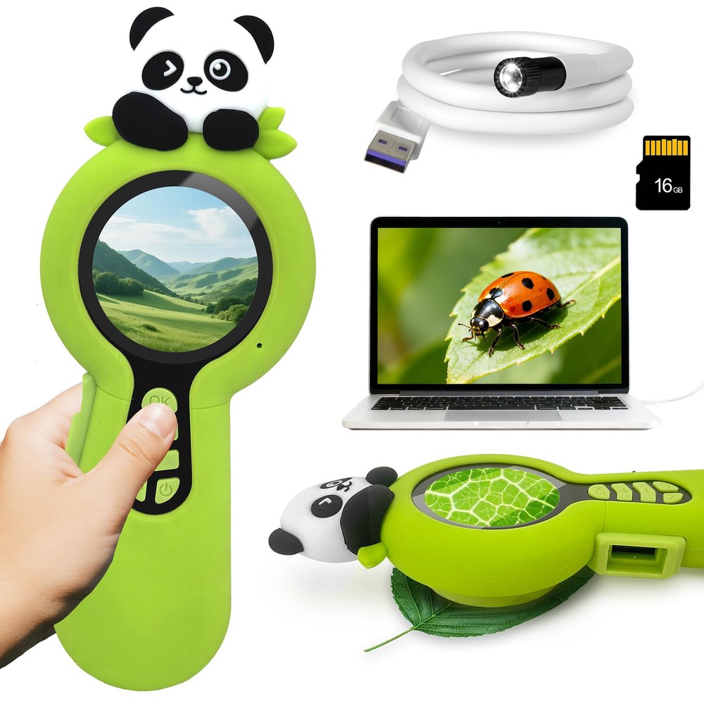2 in 1 Digital Microscope for Kids with Endoscope, Microscope for Children with Switchable Camera & Microscope Lenses, Christmas Stocking Stuffers for Kids, Ideal Gift for Kid, Panda