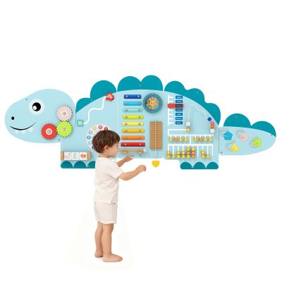 Olakids Dinosaur Sensory Wall, 11 in 1 Wooden Montessori Busy Board Panel, Toddler Wall Mounted Activity Center, Educational Toys Learning Gift for Boys Girls (Blue Dinosaur)