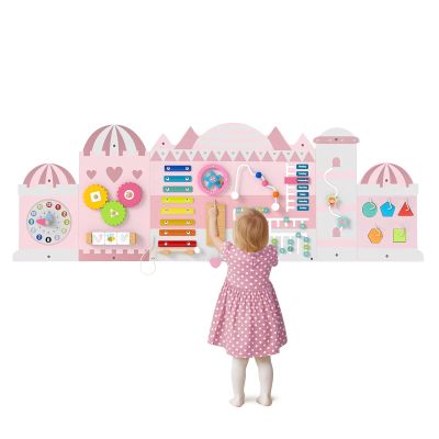 Olakids Pink Castle Sensory Wall, 11 in 1 Wooden Montessori Busy Board Panel, Toddler Wall Mounted Activity Center, Educational Toys Learning Gift for Boys Girls
