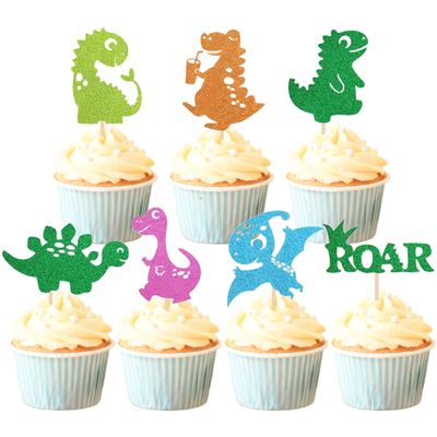 14 PCS Dinosaur Cupcake Toppers Glitter Color Cake Picks for Baby Shower Roar Dinosaur Theme Kids Birthday Party Cupcake Decorations Supplies