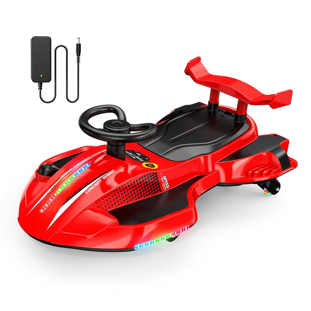 12V Electric Wiggle Car Ultra with Pedals, Rechargeable Swing & Drift Car, Anti-Rollover Design with Backrest, Spray, Flashing Lights, Music & Bluetooth, for Ages 3 and Up, 150 lbs(Red + Black)