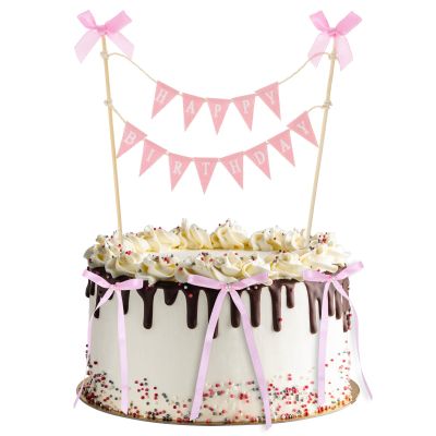 11PCS Happy Birthday Cakes Bunting Topper with Wood Pole, Cakes Topper Garland, Bow Ribbon Cake Toppers, Personalized Birthday Banner Cake Toppers Set for Birthdays, Bridal Party Decoration
