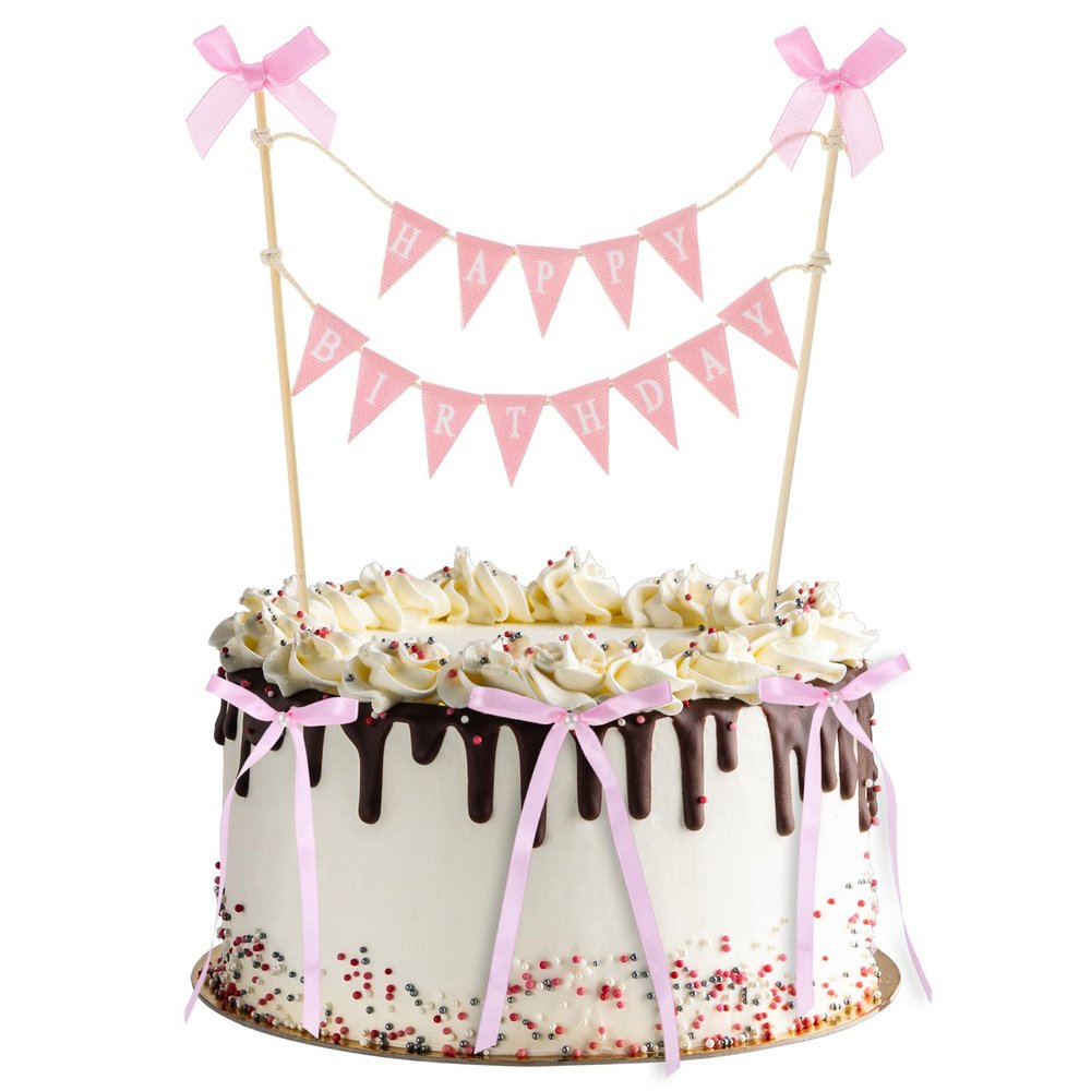 11PCS Happy Birthday Cakes Bunting Topper with Wood Pole, Cakes Topper Garland, Bow Ribbon Cake Toppers, Personalized Birthday Banner Cake Toppers Set for Birthdays, Bridal Party Decoration
