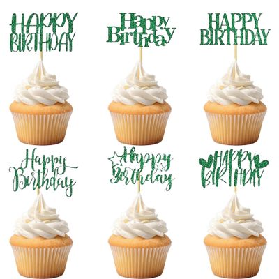 12 PCS Happy Birthday Cupcake Toppers Green Glitter Cupcake Picks 6 Styles for Kids Adult Birthday Party Celebration Decorations Supplies