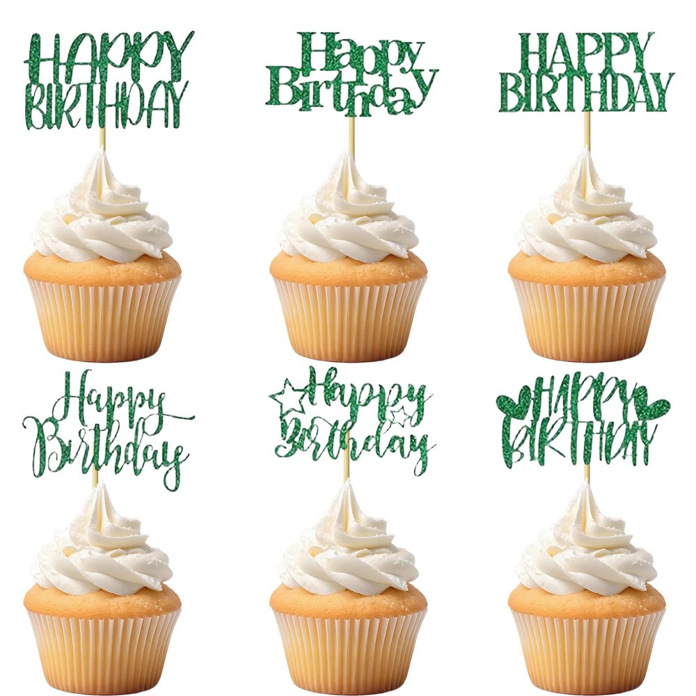 12 PCS Happy Birthday Cupcake Toppers Green Glitter Cupcake Picks 6 Styles for Kids Adult Birthday Party Celebration Decorations Supplies