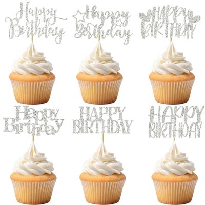 12 PCS Happy Birthday Cupcake Toppers Silver Glitter Cupcake Picks 6 Styles for Kids Adult Birthday Party Celebration Decorations Supplies